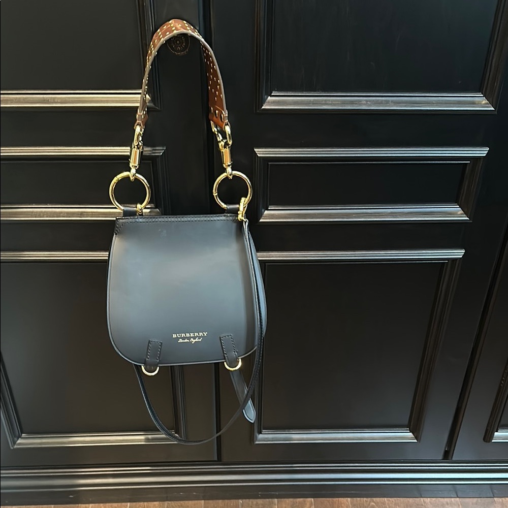 Burberry Black Leather Shoulder Bag with Brown Studded Strap